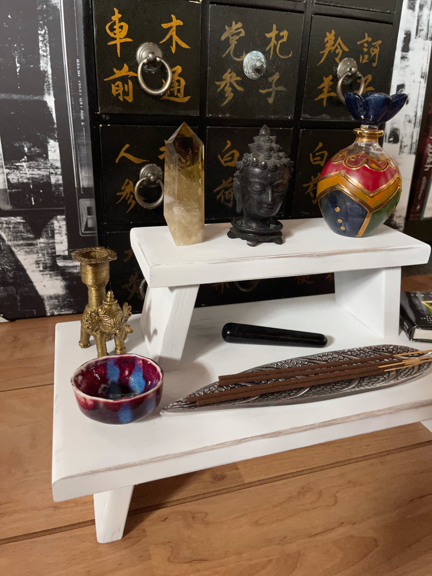 White Distressed with Gold Prosperity Meditation Table Set, Home Decor