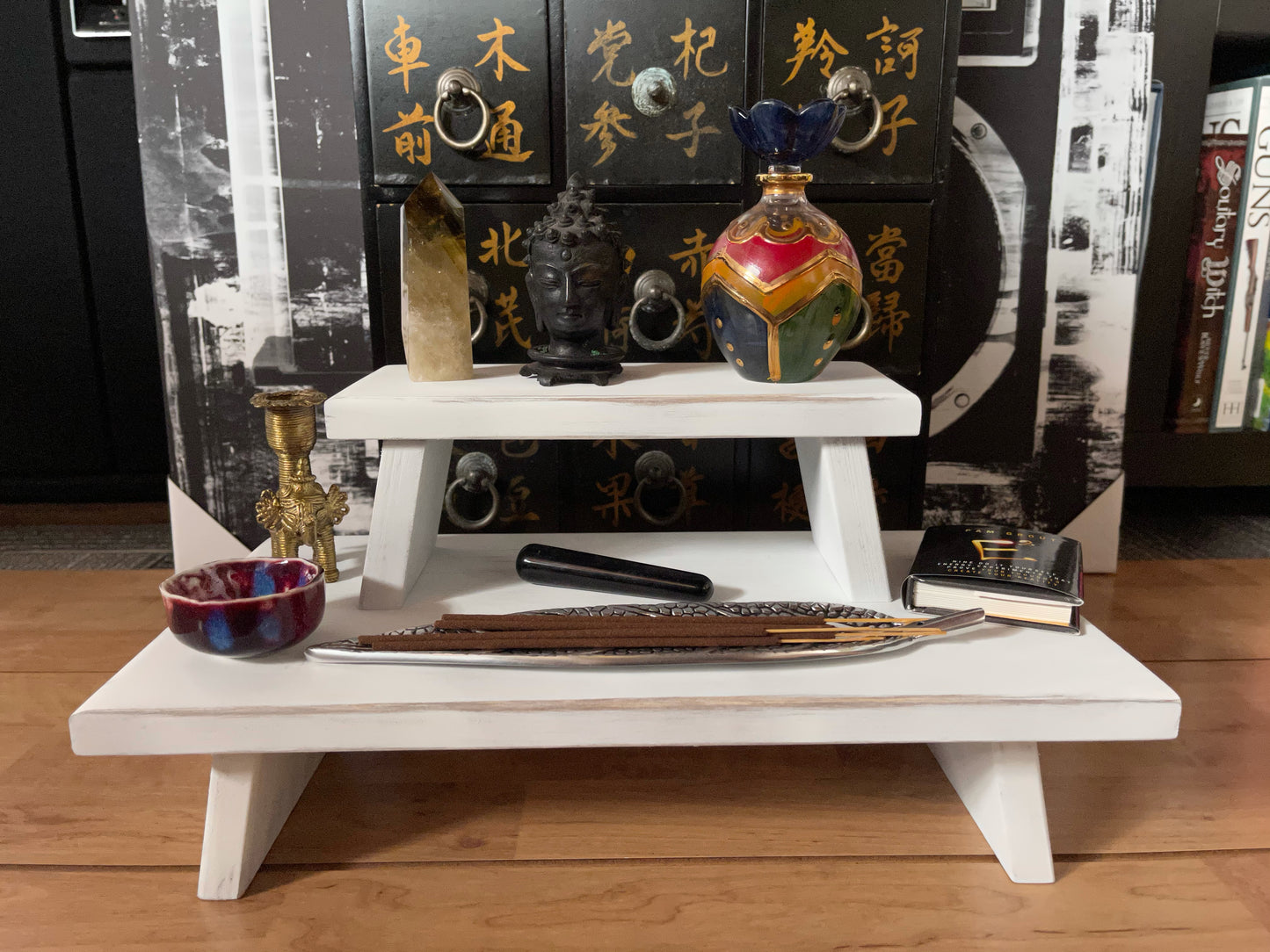 White Distressed with Gold Prosperity Meditation Table Set, Home Decor