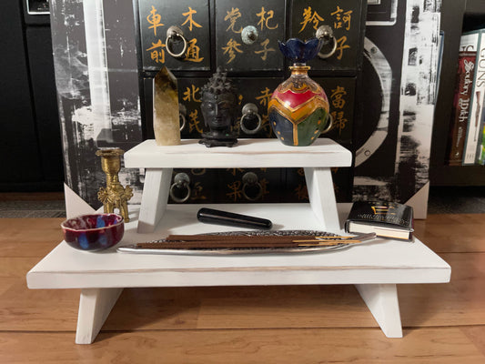 White Distressed with Gold Prosperity Meditation Table Set, Home Decor