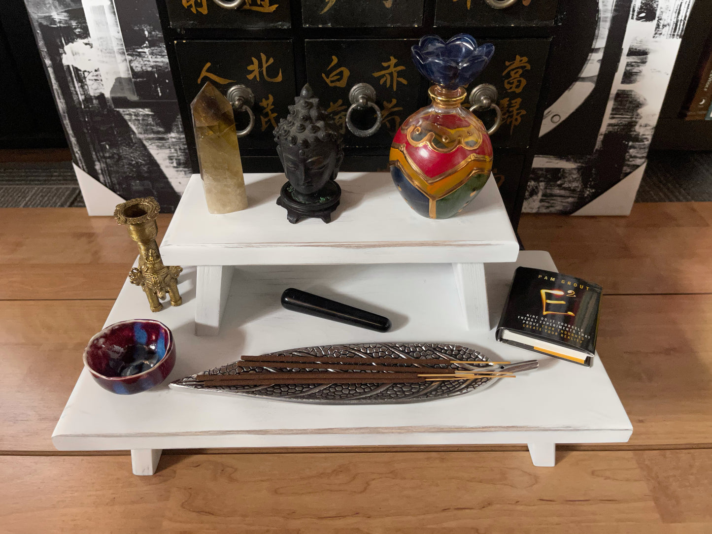 White Distressed with Gold Prosperity Meditation Table Set, Home Decor