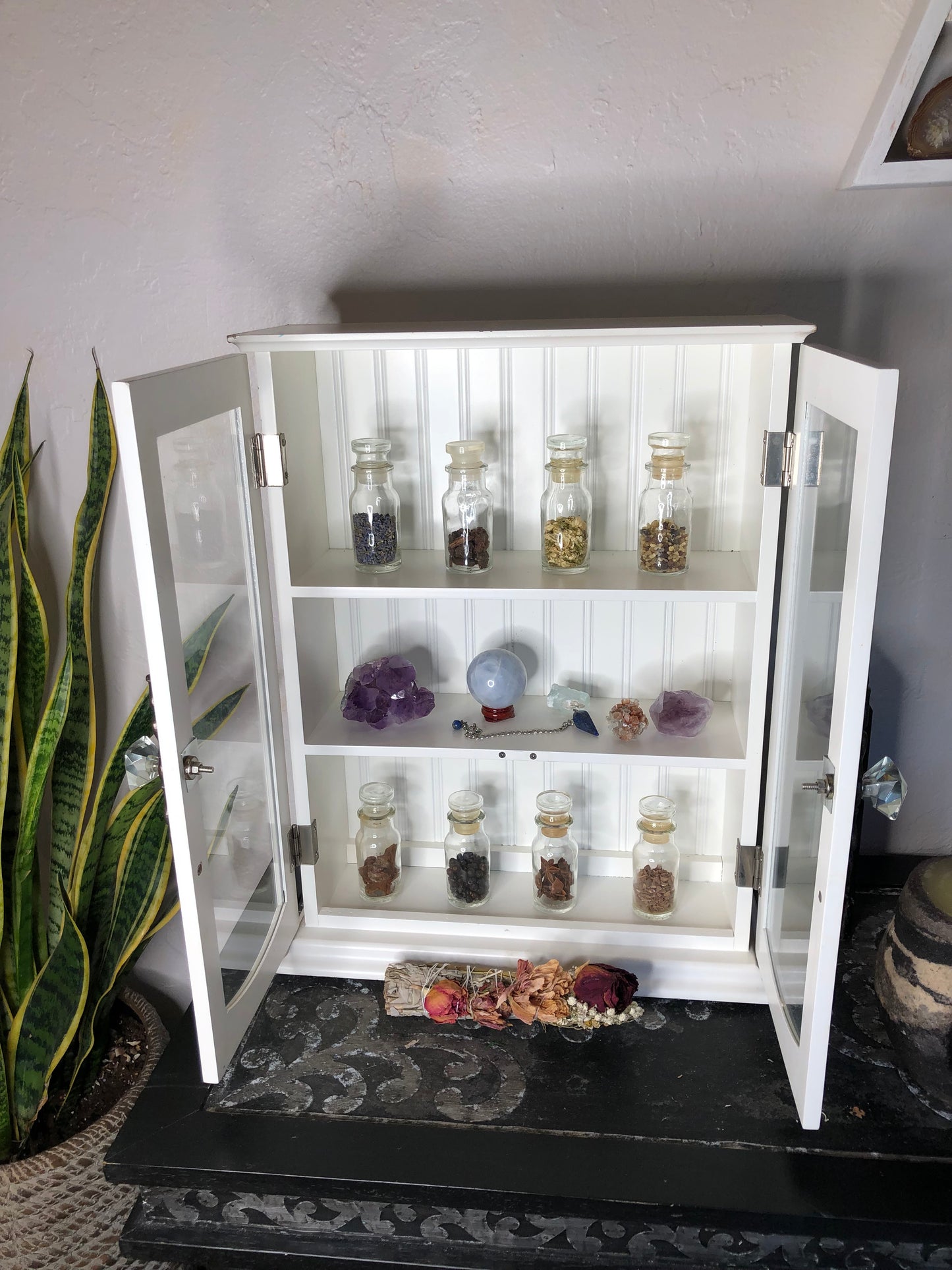 Kitchen Witch Cabinet with Eight Vintage Herb Jars, Lovecycled