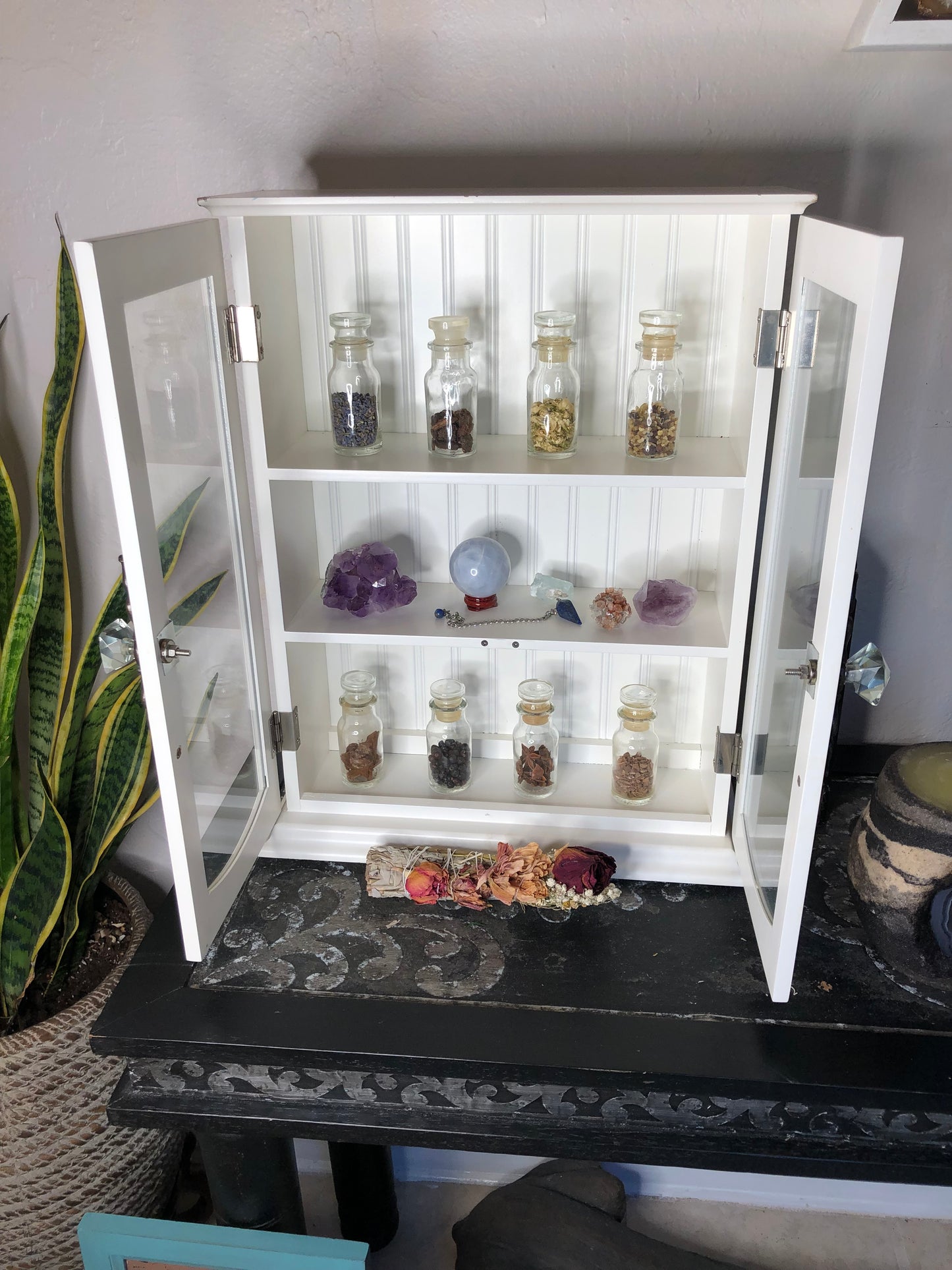 Kitchen Witch Cabinet with Eight Vintage Herb Jars, Lovecycled