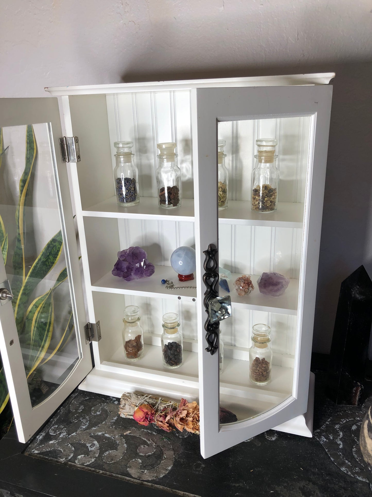 Kitchen Witch Cabinet with Eight Vintage Herb Jars, Lovecycled