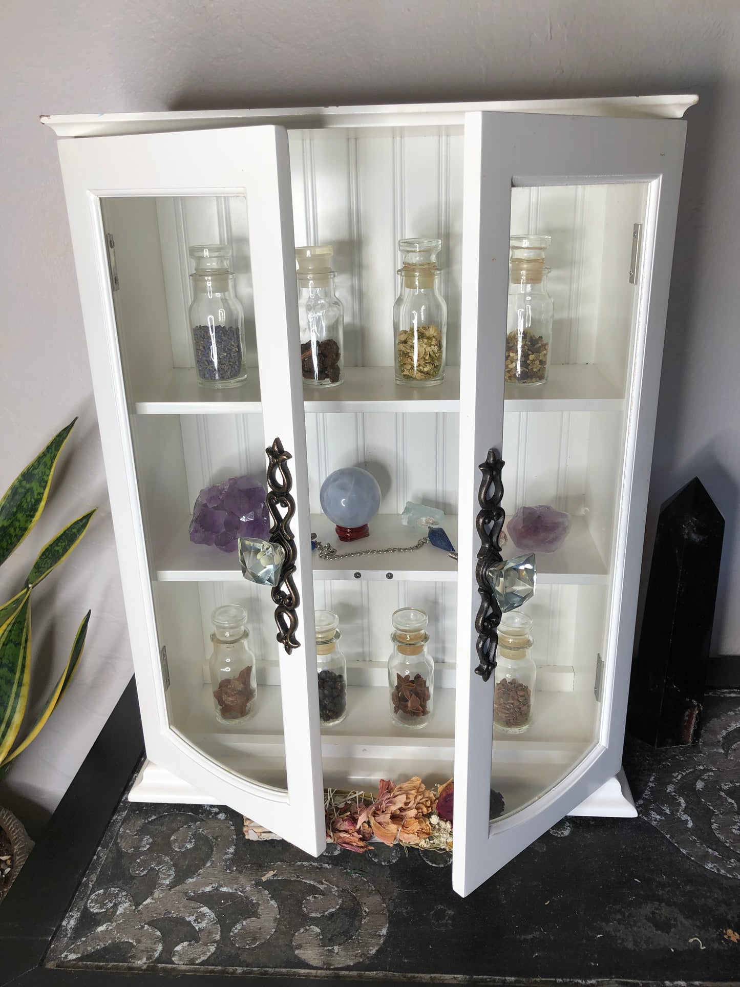 Kitchen Witch Cabinet with Eight Vintage Herb Jars, Lovecycled