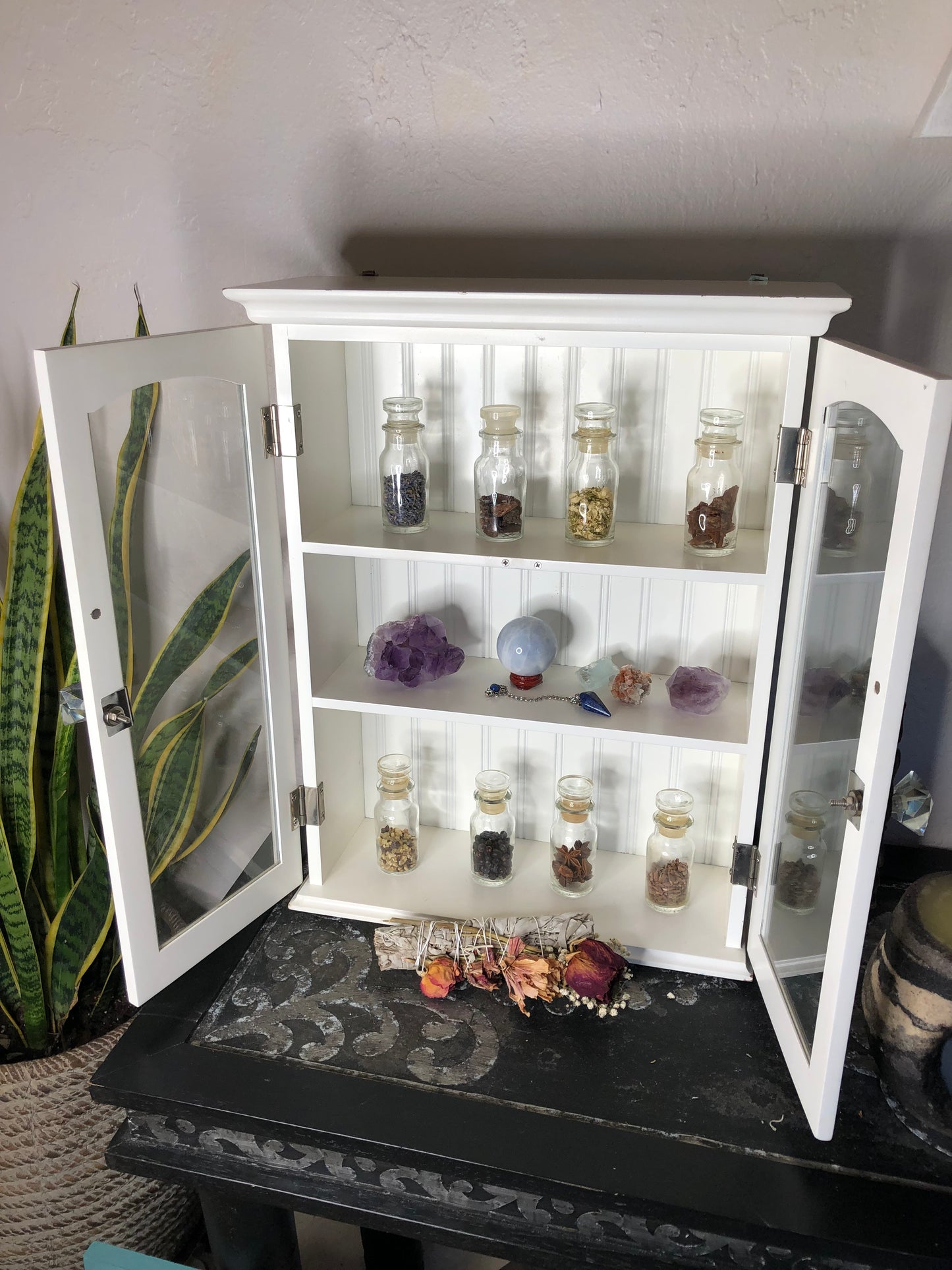Kitchen Witch Cabinet with Eight Vintage Herb Jars, Lovecycled