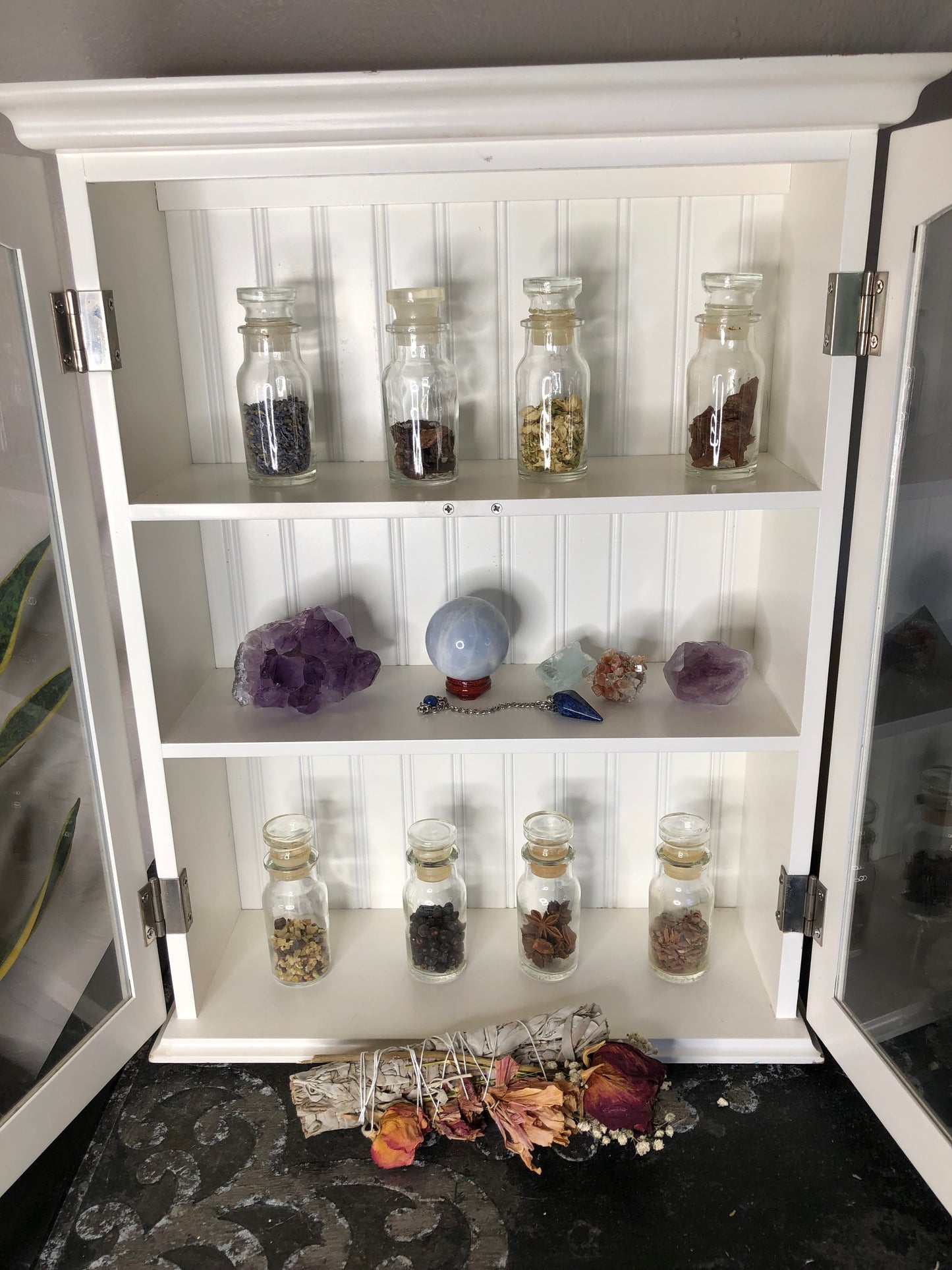 Kitchen Witch Cabinet with Eight Vintage Herb Jars, Lovecycled