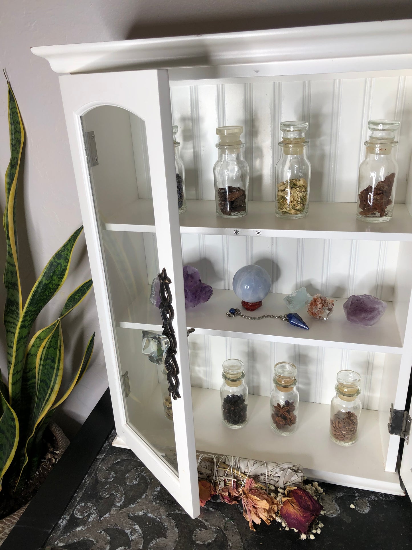 Kitchen Witch Cabinet with Eight Vintage Herb Jars, Lovecycled