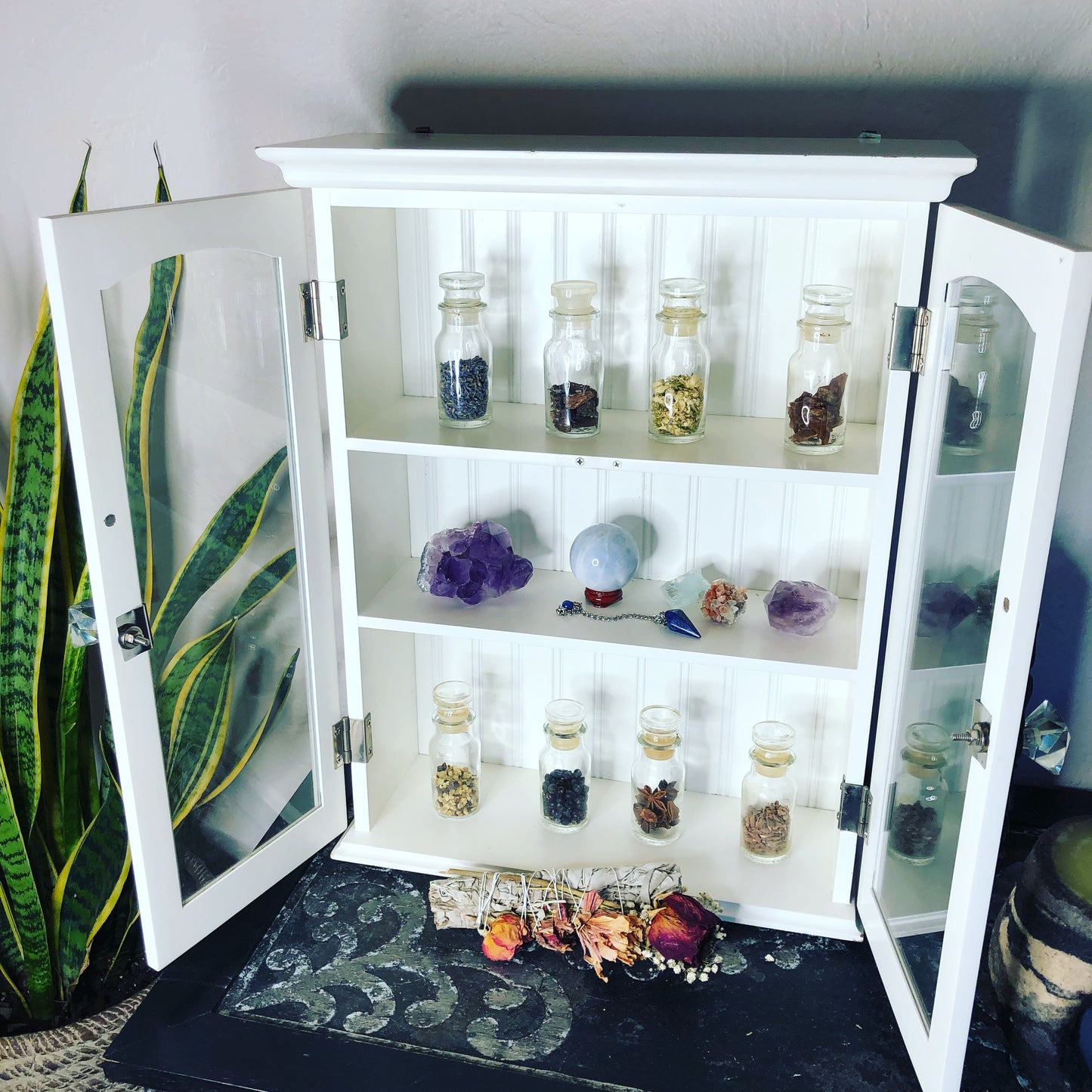 New Listing, Kitchen Witch Cabinet, Vintage Cabinet with Eight Vintage Jars, Large White Cabinet, Magical Decor, Herbs, Gift for Her
