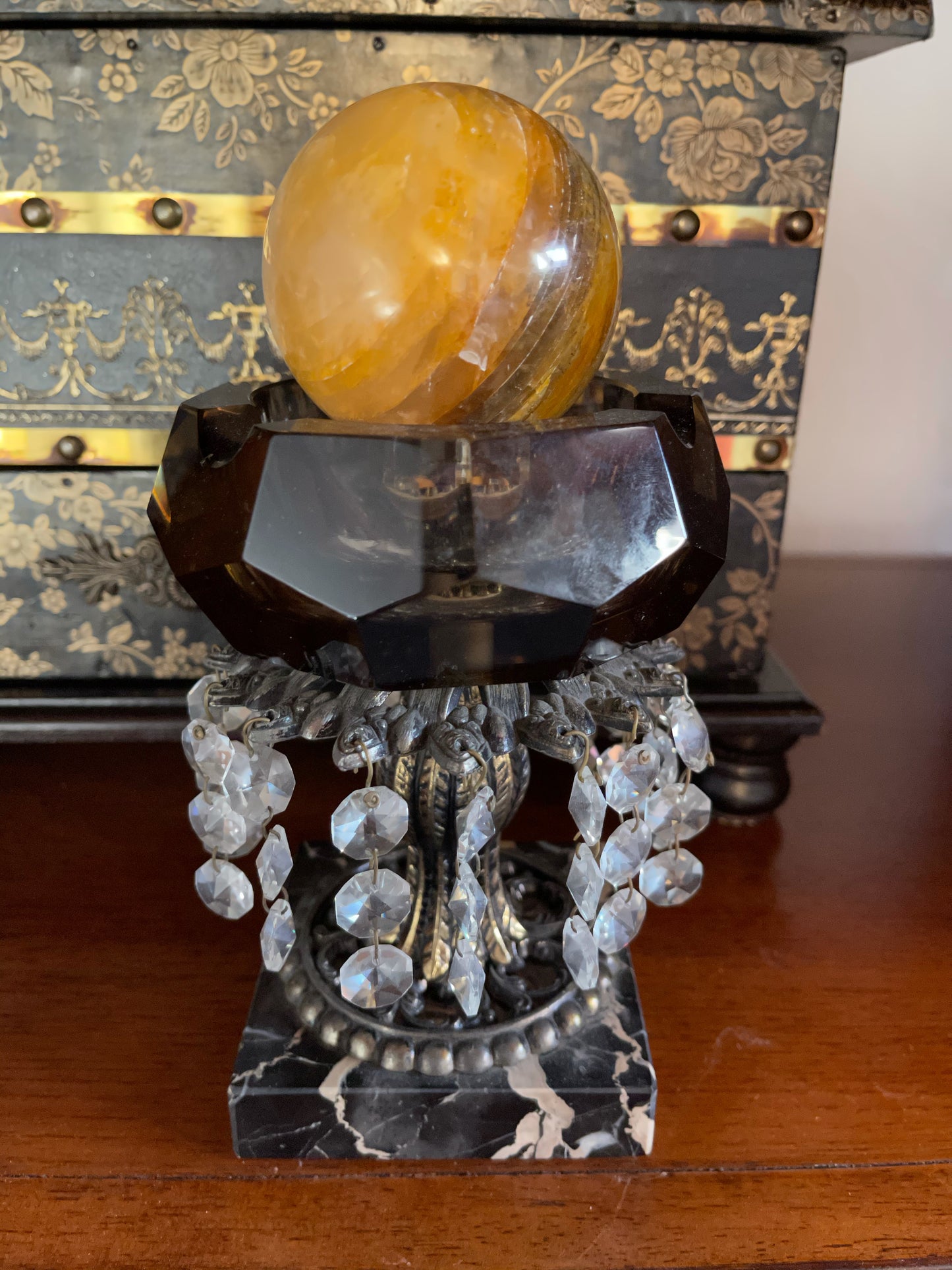 Stunning Hollywood Regency Smoked Glass Crystal and Marble Ashtray, Old World Vintage