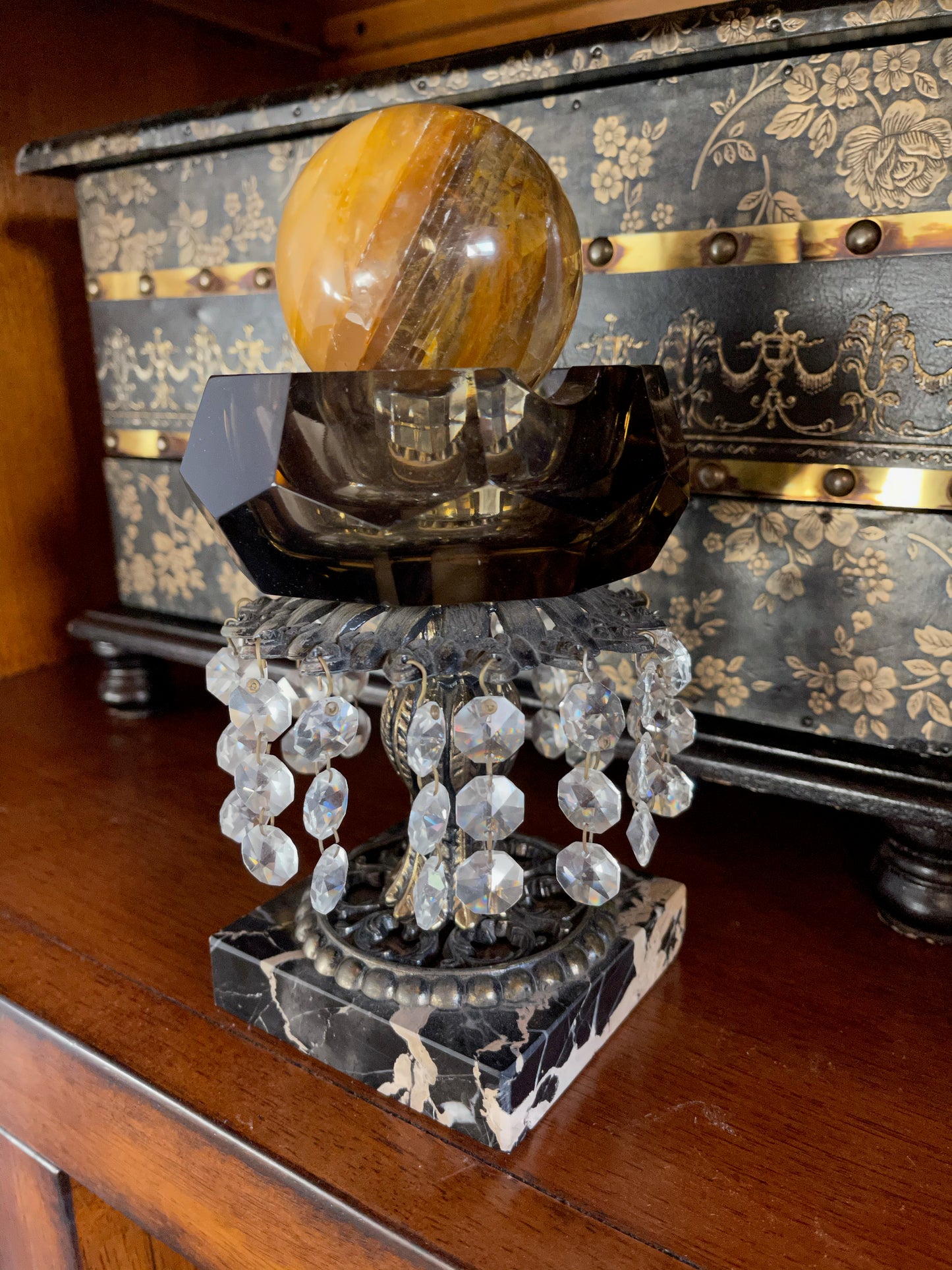Stunning Hollywood Regency Smoked Glass Crystal and Marble Ashtray, Old World Vintage