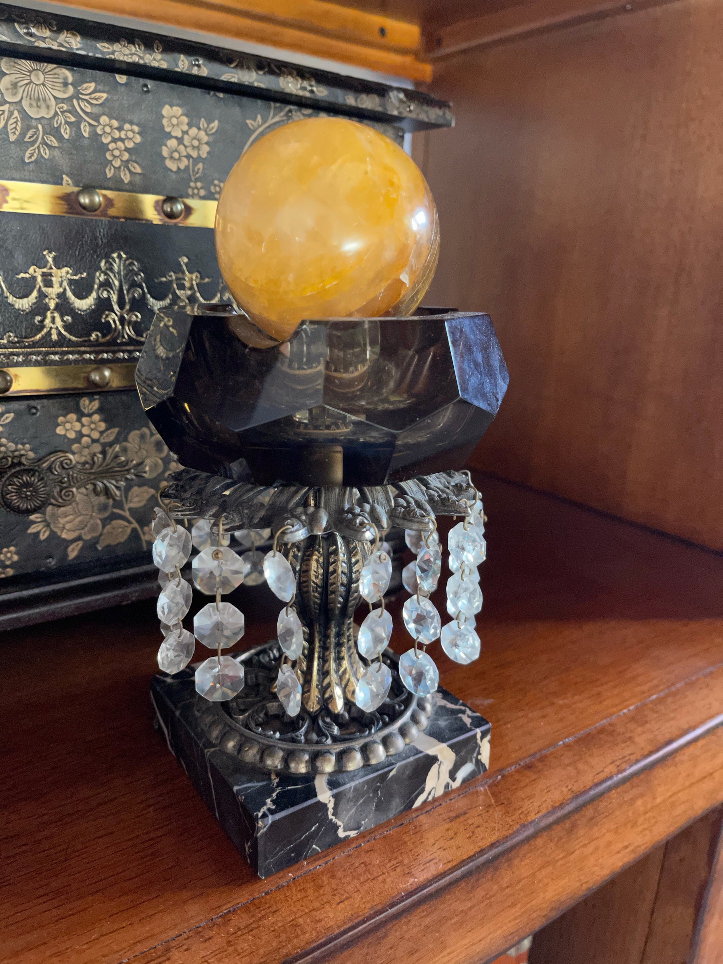 Stunning Hollywood Regency Smoked Glass Crystal and Marble Ashtray, Old World Vintage