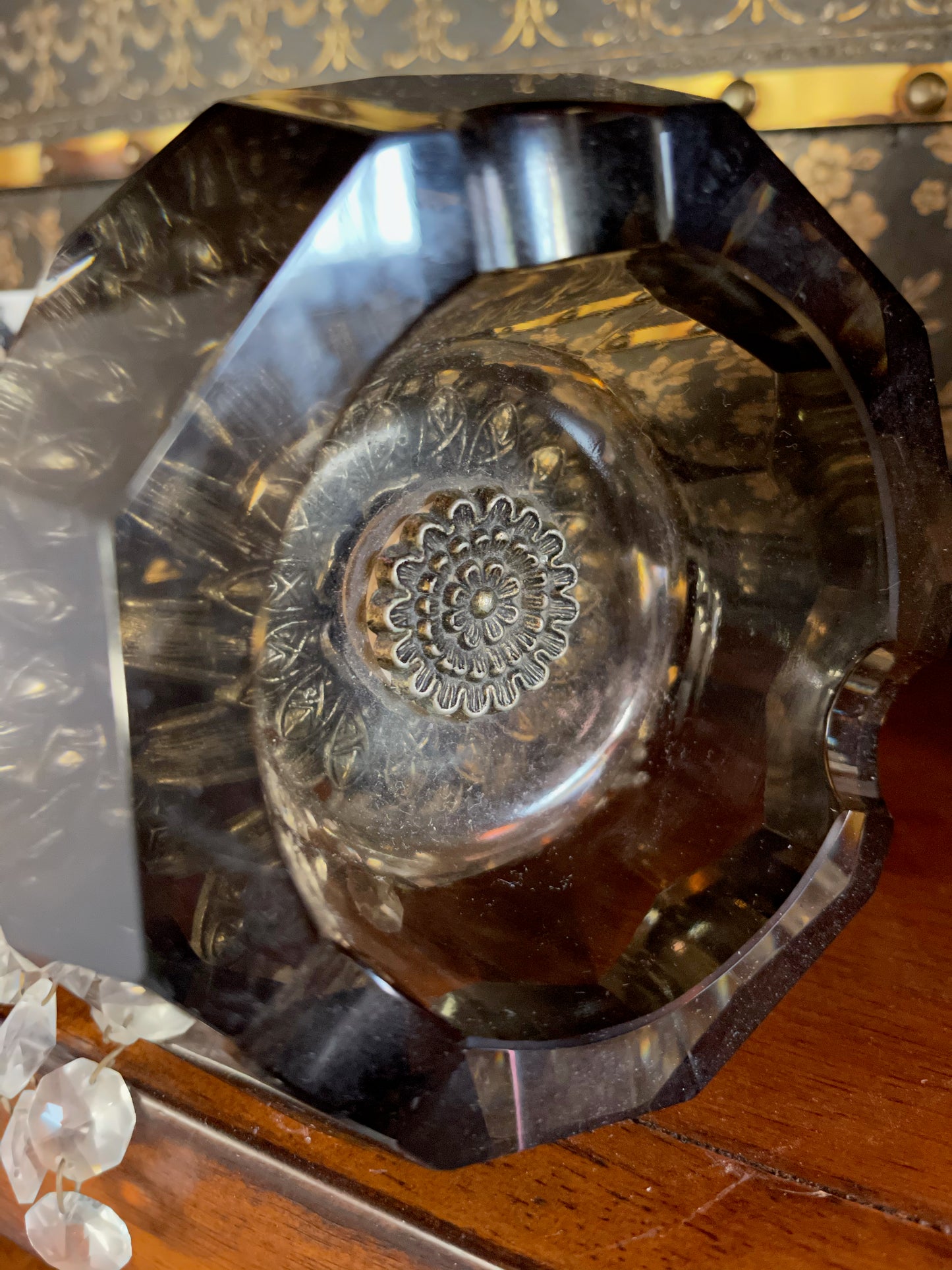 Stunning Hollywood Regency Smoked Glass Crystal and Marble Ashtray, Old World Vintage