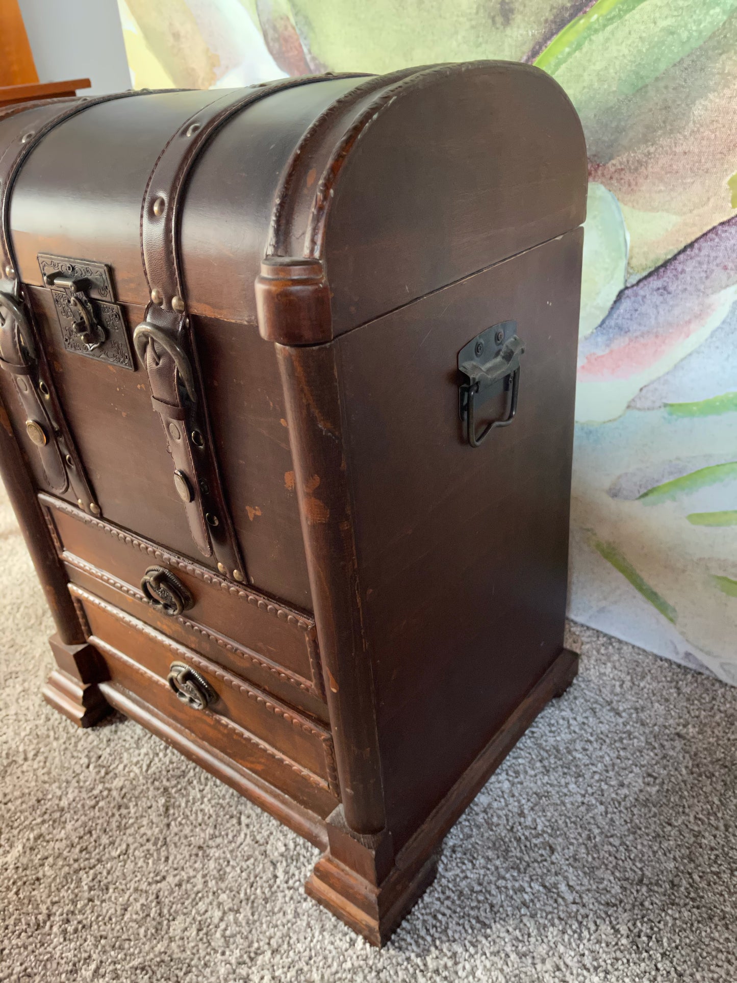 Large Vintage Trunk, Wood and Leather Vintage Chest, Home Decor