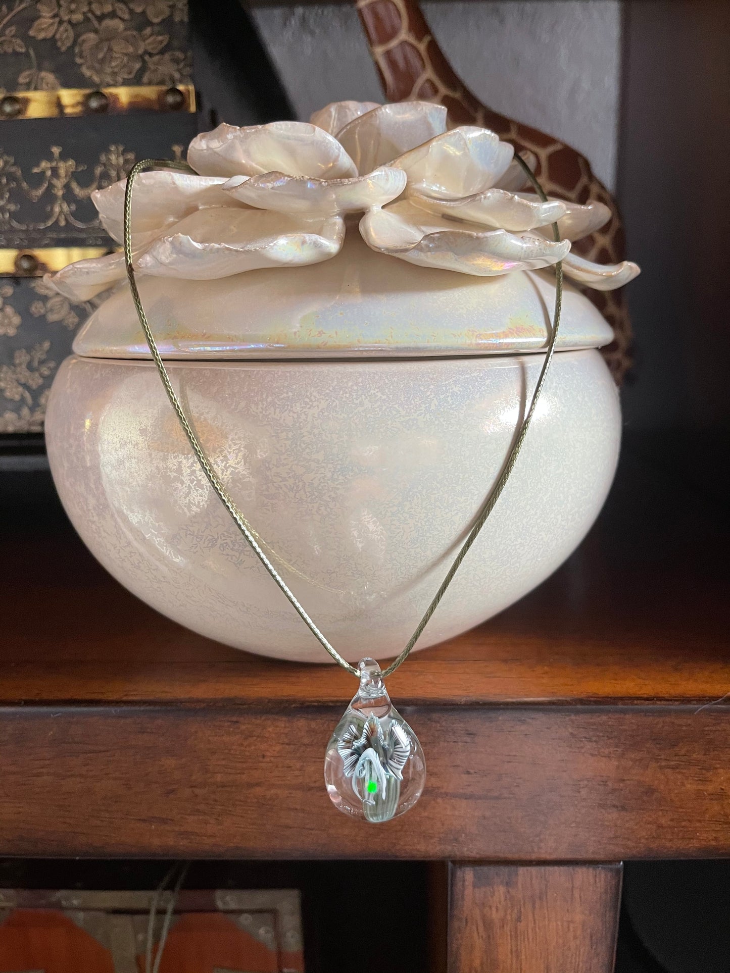 Vintage Hand Blown Glass Lily Pendant, Bodhi Jewelry