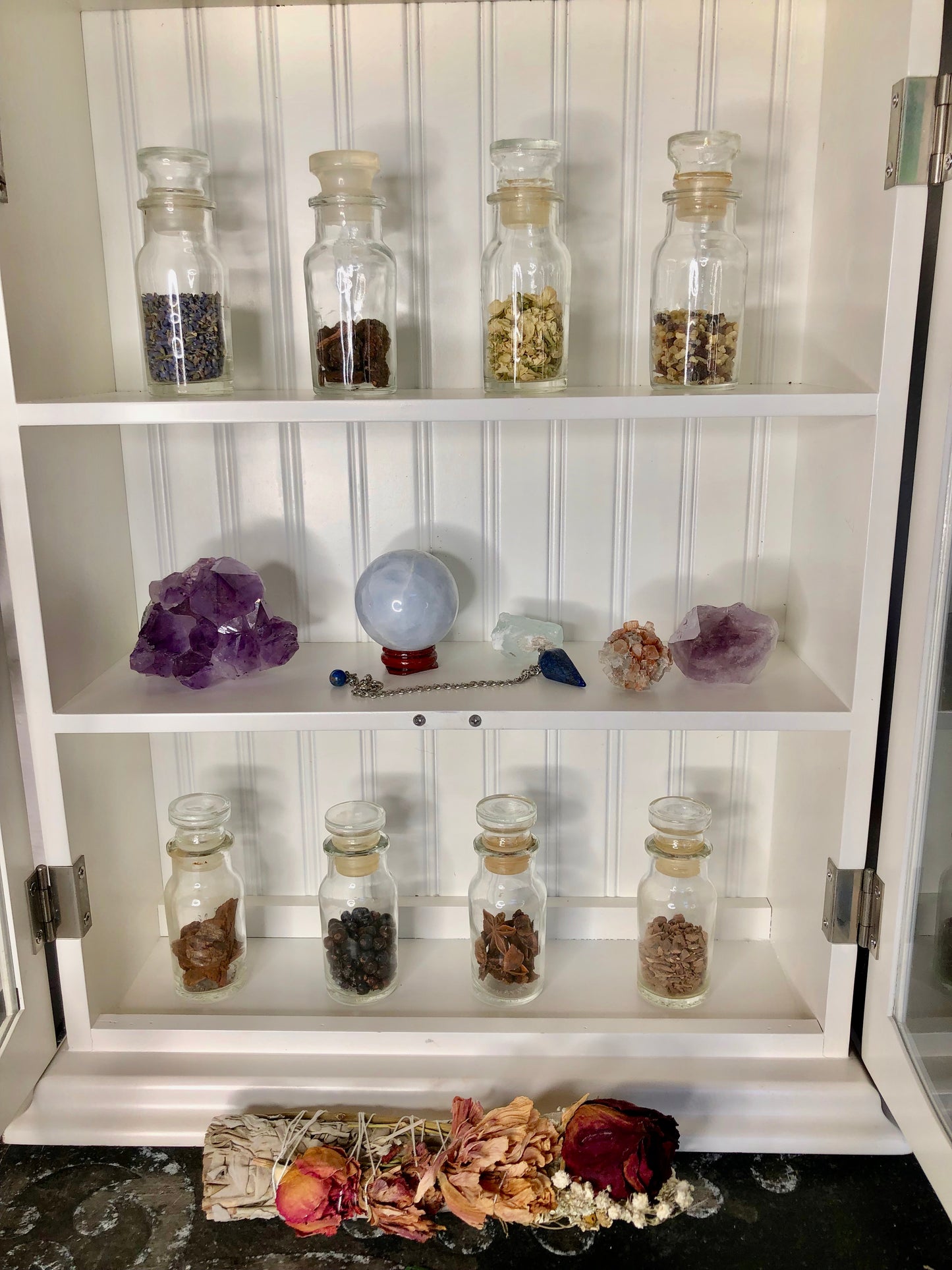 Kitchen Witch Cabinet with Eight Vintage Herb Jars, Lovecycled