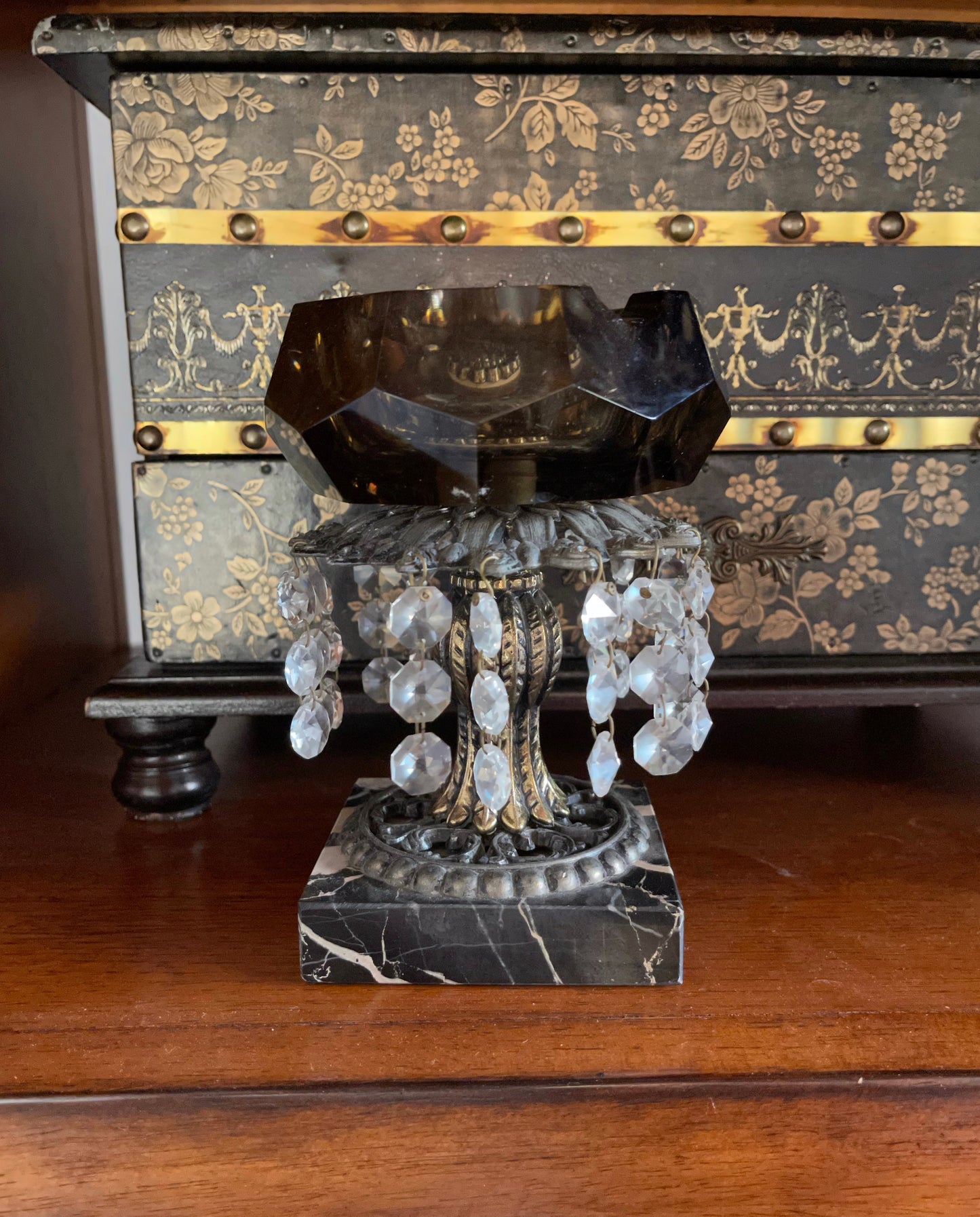 Stunning Hollywood Regency Smoked Glass Crystal and Marble Ashtray, Old World Vintage