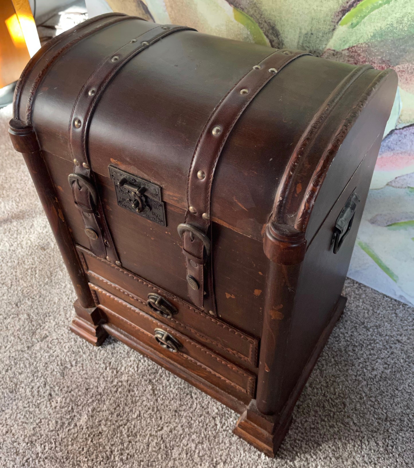 Large Vintage Trunk, Wood and Leather Vintage Chest, Home Decor