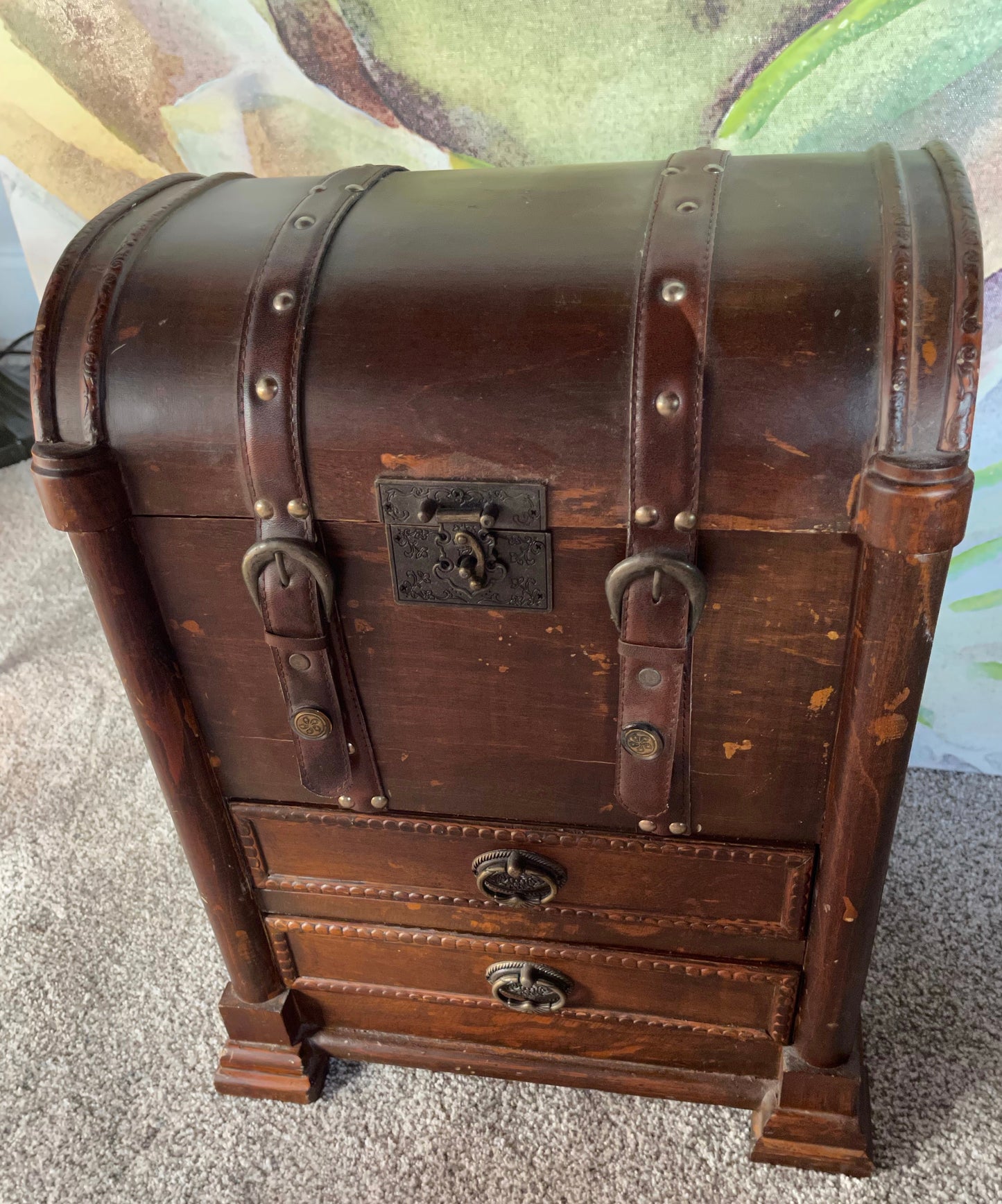 Large Vintage Trunk, Wood and Leather Vintage Chest, Home Decor