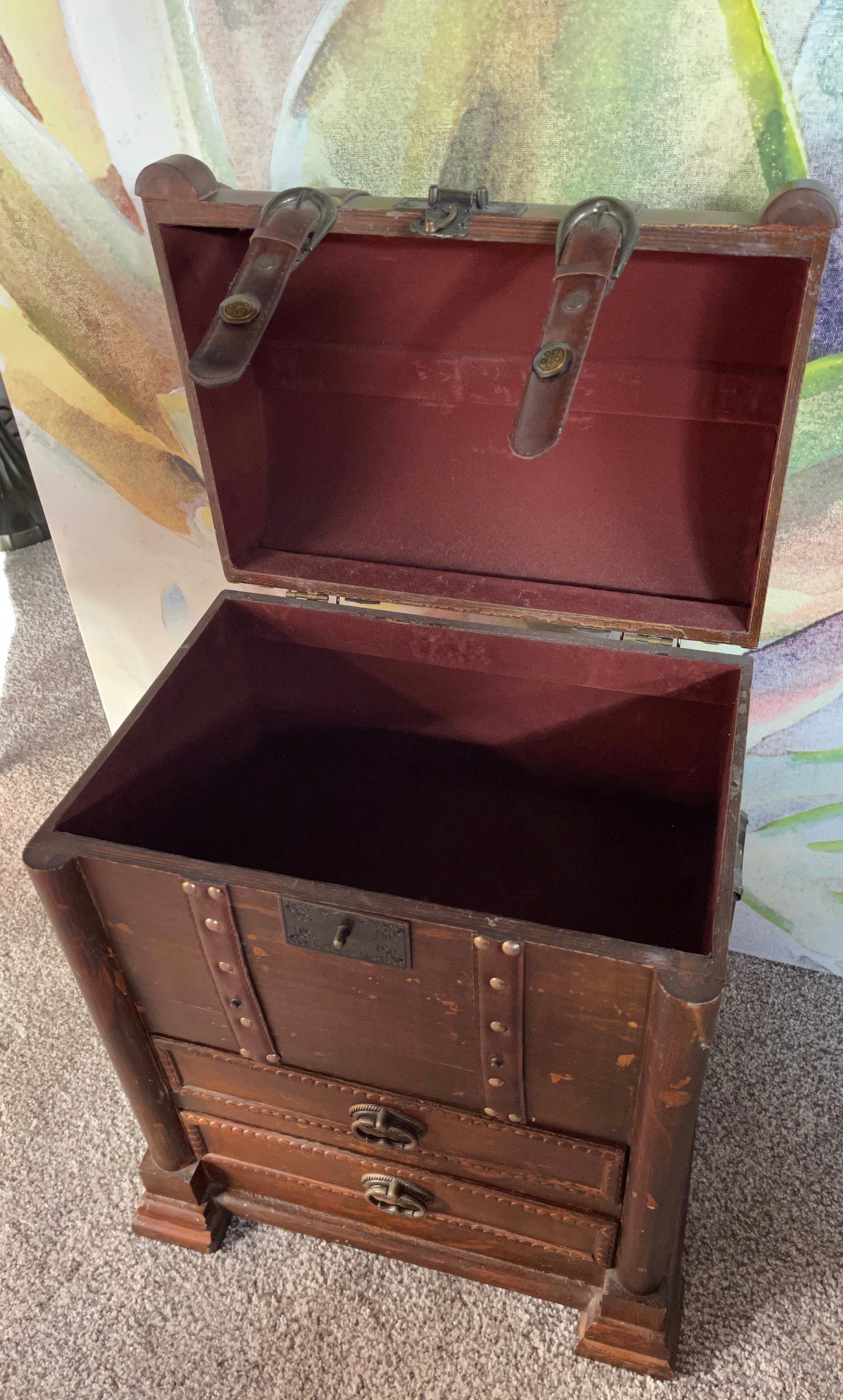 Large Vintage Trunk, Wood and Leather Vintage Chest, Home Decor