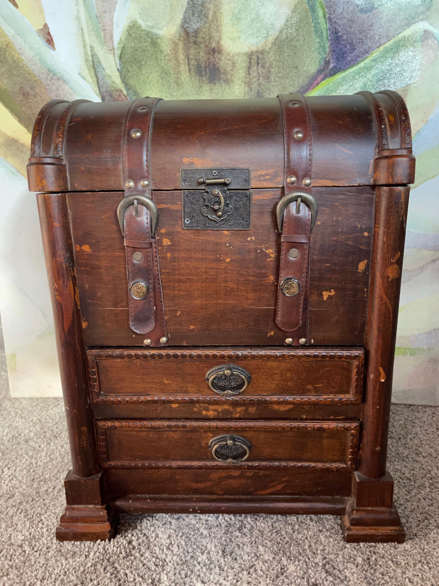Large Vintage Trunk, Wood and Leather Vintage Chest, Home Decor