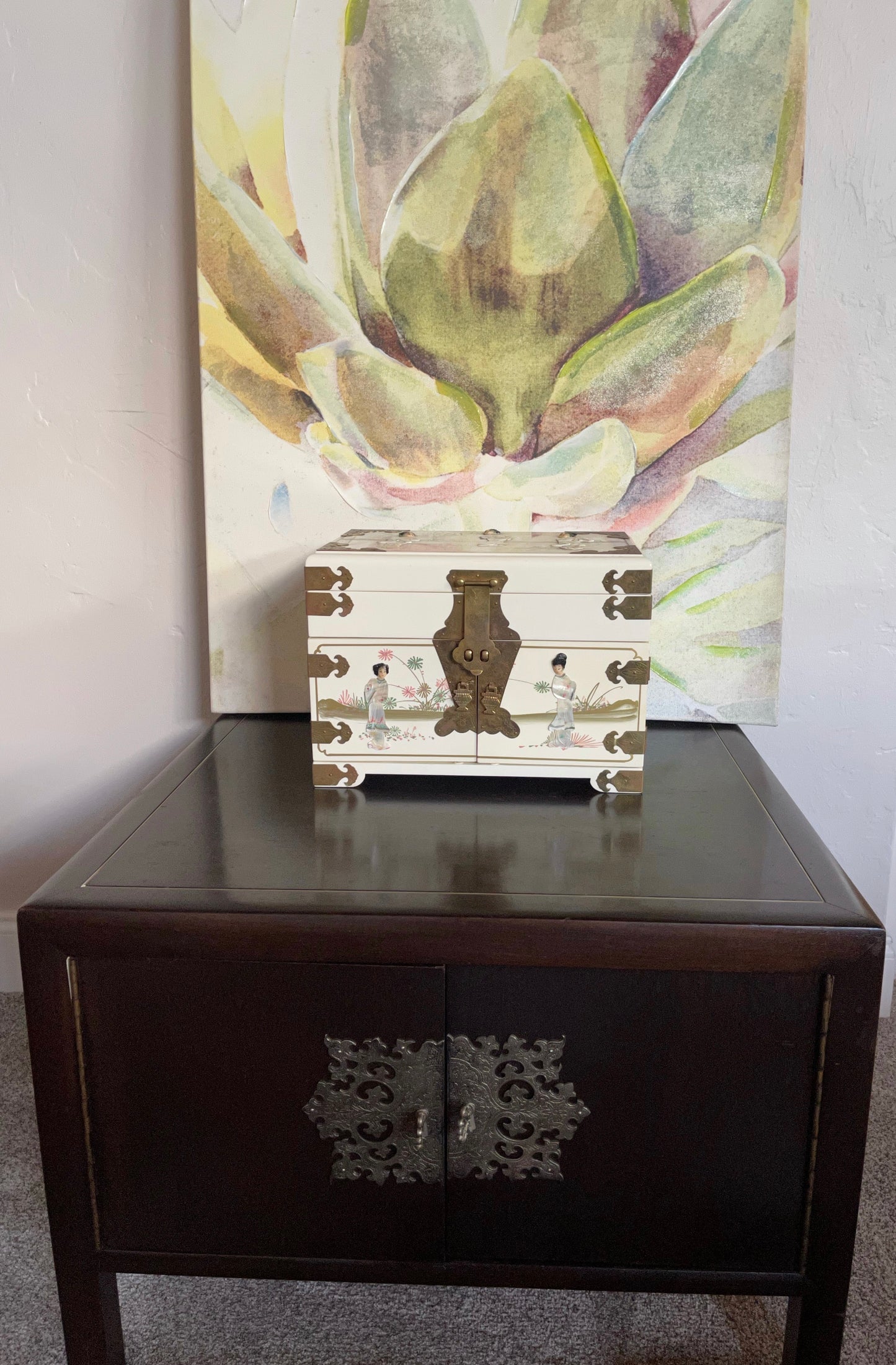 Rare Vintage JAPANESE Jewelry Box, Mother of Pearl Relief, Old World Vintage