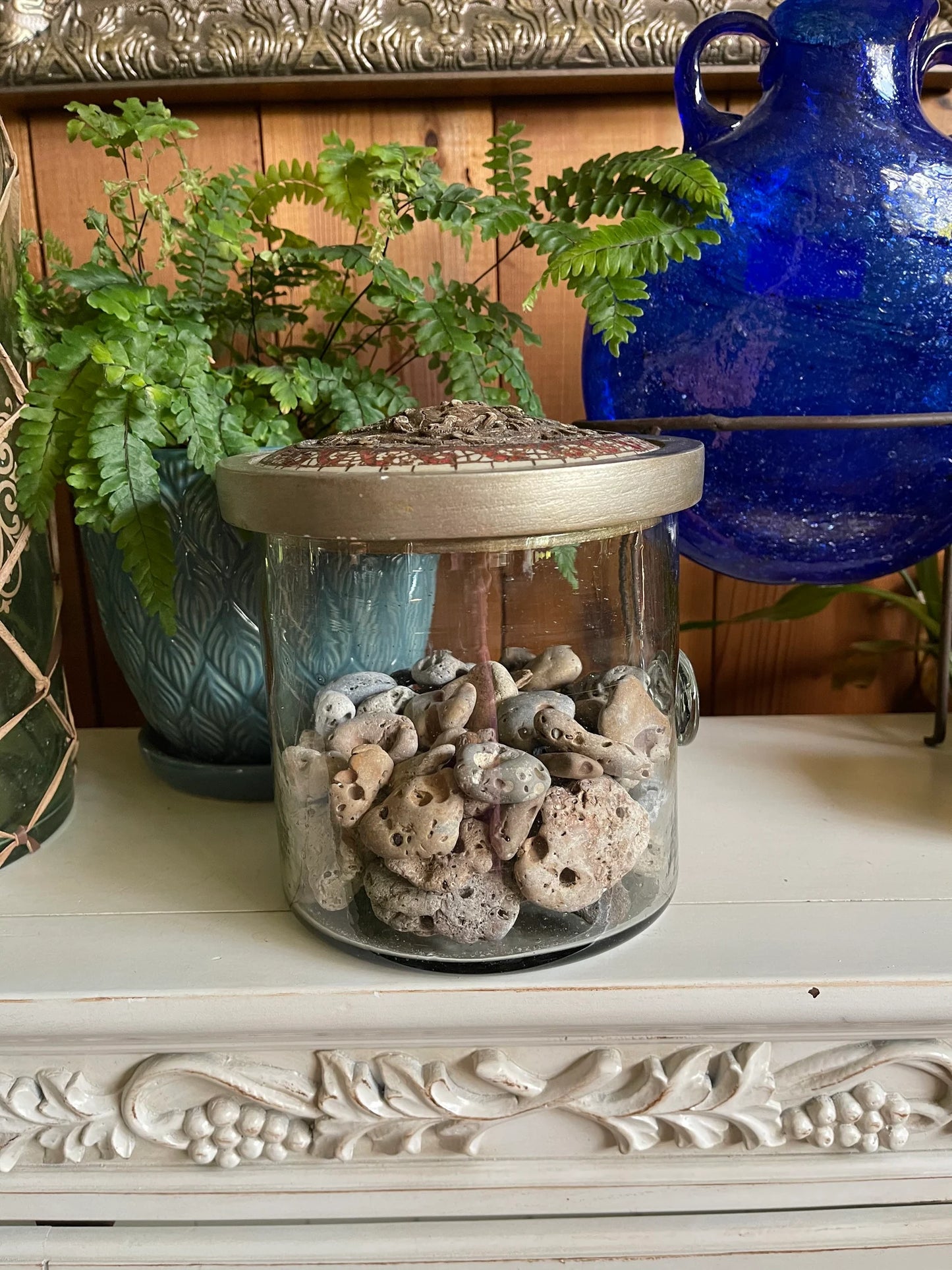 Medusa Head Jar Cover Vintage Glass with Beach Stones, Bodhi Vintage