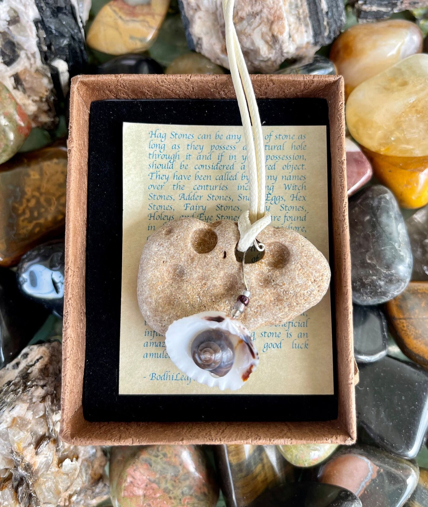 New Mermaid Collection, "Keandra", Bodhi Jewelry, hag stone, beach stone, stone necklace, wishing stone, fairy stone, mermaid stone