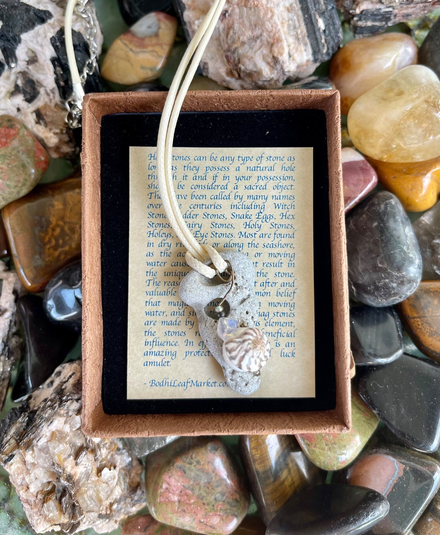 New Mermaid Collection, "Aurora", Bodhi Jewelry, hag stone, hag stone necklace, beach stone necklace, wishing stone, fairy stone, mermaid stone