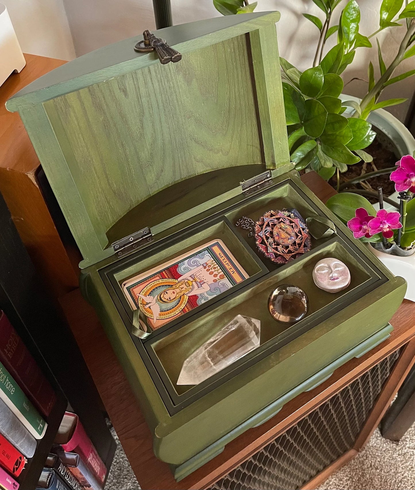 Fabulous Vintage Chest, Green Witch Mystical Storage Chest, Old World Vintage