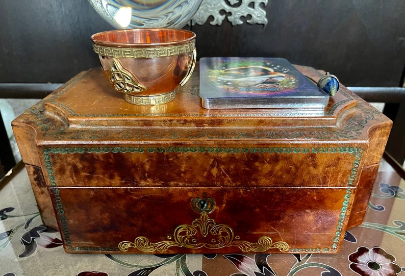 Stunning Antique 1800s Italian All-Leather Box with Gilded Elements, Old World Vintage