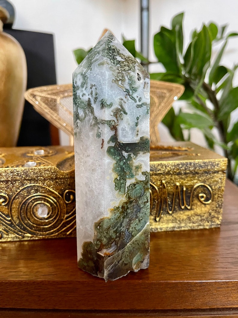 Beautiful Patterns Moss Agate Tower, Crystal Magic