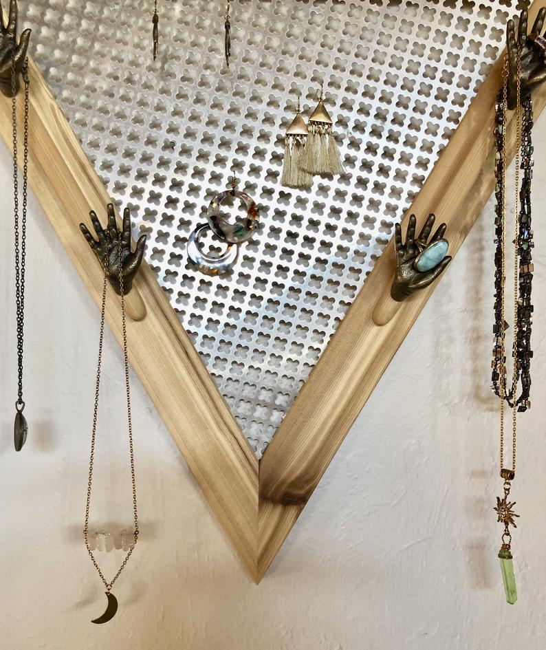 One of a Kind Triangle Jewelry Shelf with Metal Hand Hardware, Home Decor