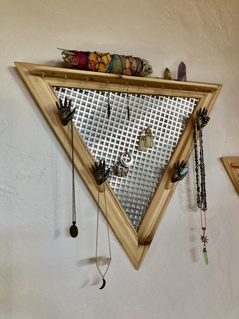 One of a Kind Triangle Jewelry Shelf with Metal Hand Hardware, Home Decor