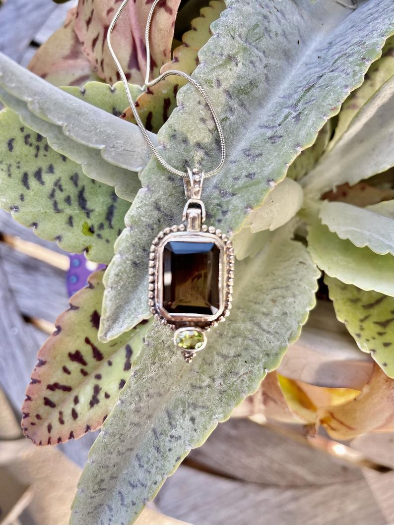 Rich Smoky Quartz Pendant with Peridot, Bodhi Jewelry