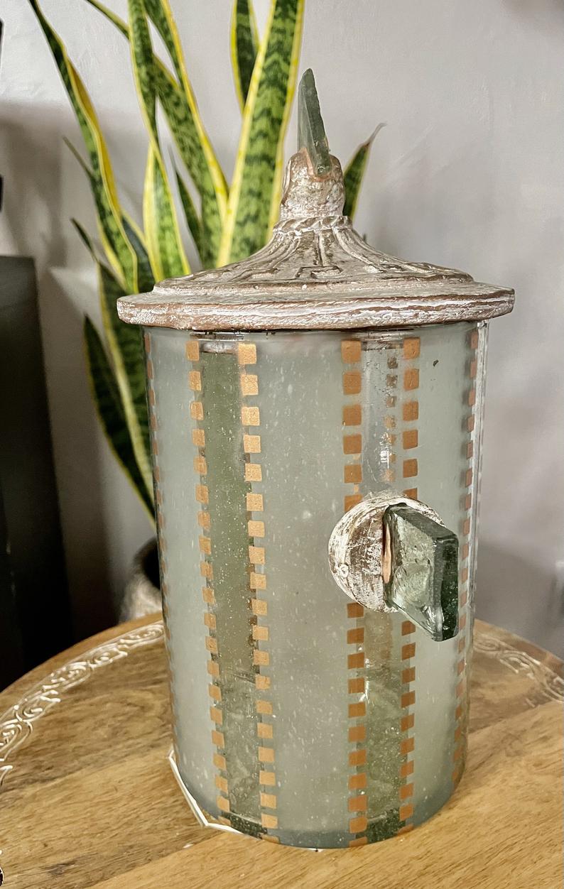 Eclectic Hand Crafted Glass Jar with Triangle Lid, Home Decor
