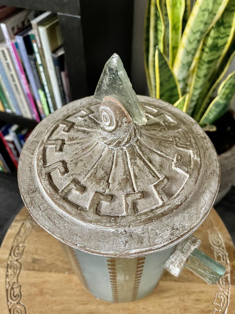 Eclectic Hand Crafted Glass Jar with Triangle Lid, Home Decor