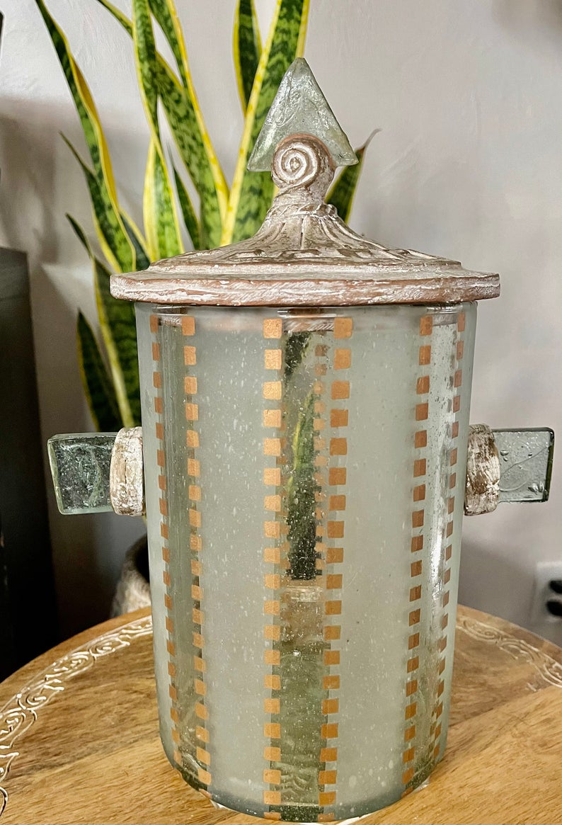 Eclectic Hand Crafted Glass Jar with Triangle Lid, Home Decor