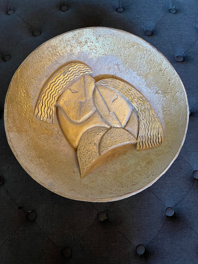 Extremely Rare and Stunning Vintage Jaru Expressionism Cubist Gold Tone Pottery, Old World Vintage