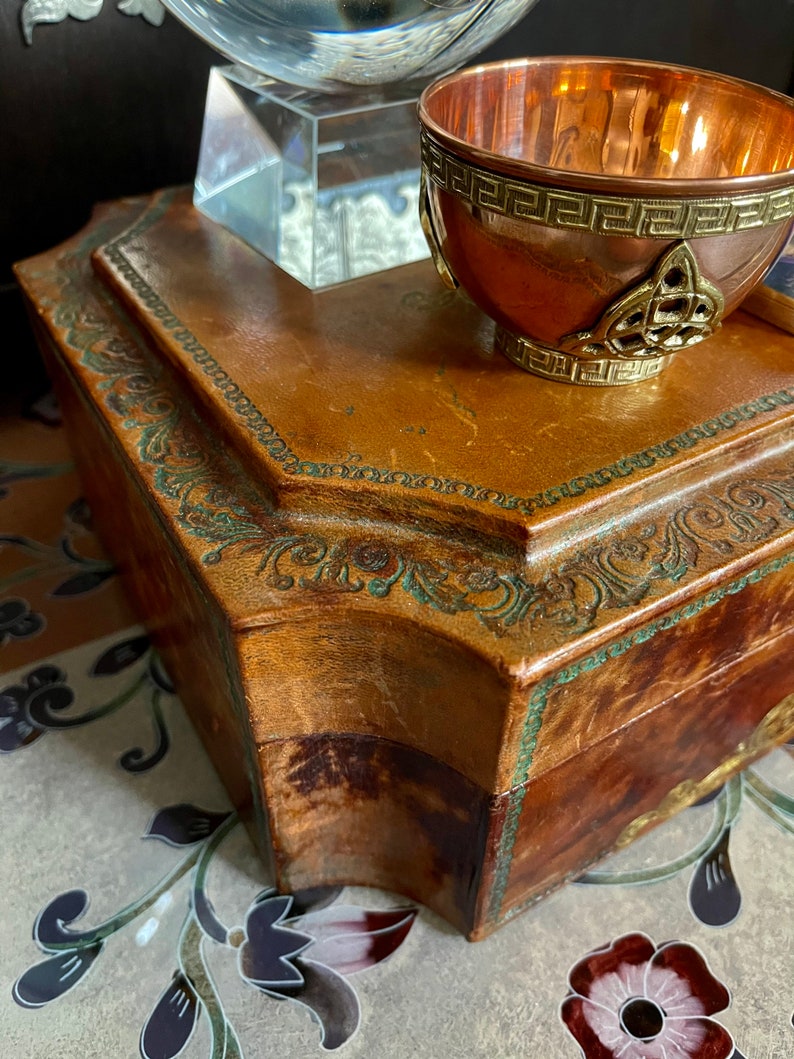 Stunning Antique 1800s Italian All-Leather Box with Gilded Elements, Old World Vintage