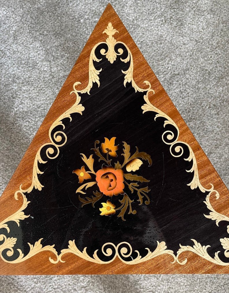 Gorgeous Vintage Paris Side Table, Vintage Italian Triangular Inlaid Marquetry Accent Table, Old World Vintage