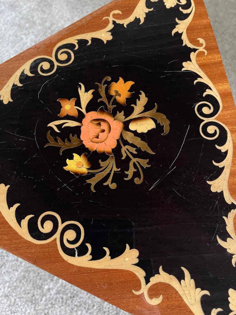 Gorgeous Vintage Paris Side Table, Vintage Italian Triangular Inlaid Marquetry Accent Table, Old World Vintage