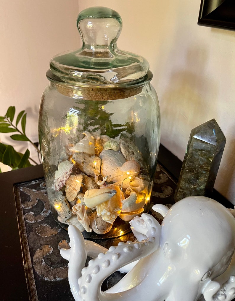 Awesome Large Glass Jar with Almost Hag Stones and Shells, Lighted Jar, Home Decor
