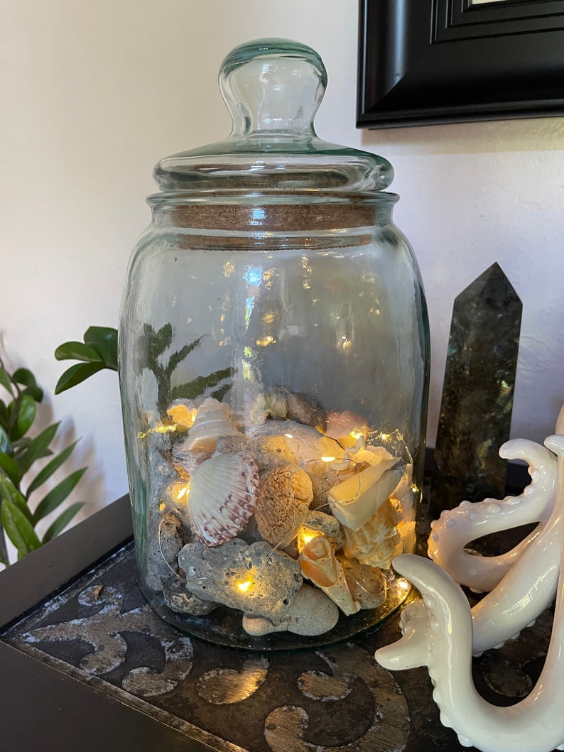 Awesome Large Glass Jar with Almost Hag Stones and Shells, Lighted Jar, Home Decor