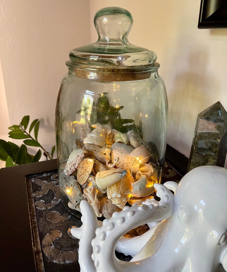 Awesome Large Glass Jar with Almost Hag Stones and Shells, Lighted Jar, Home Decor