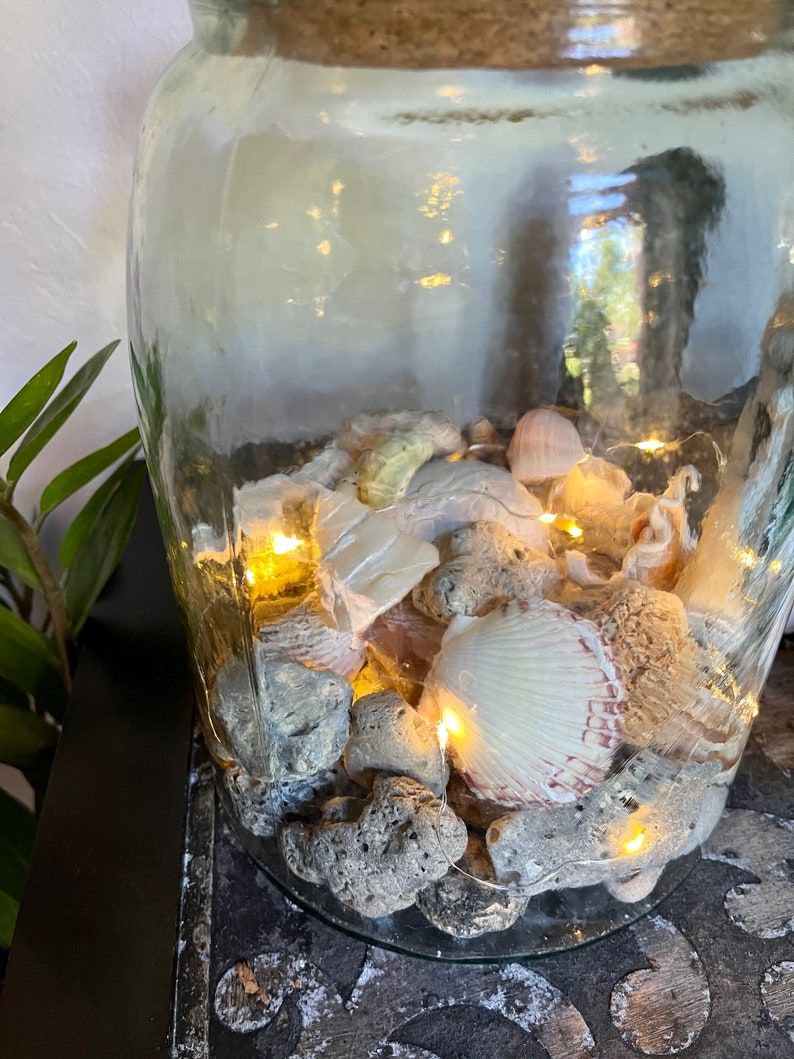 Awesome Large Glass Jar with Almost Hag Stones and Shells, Lighted Jar, Home Decor