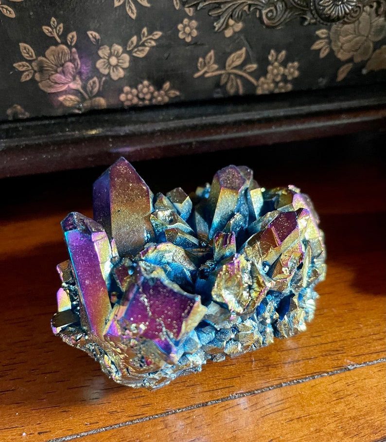 Large Unique Rainbow Aqua Aura Quartz Crystal Cluster, Crystal Magic