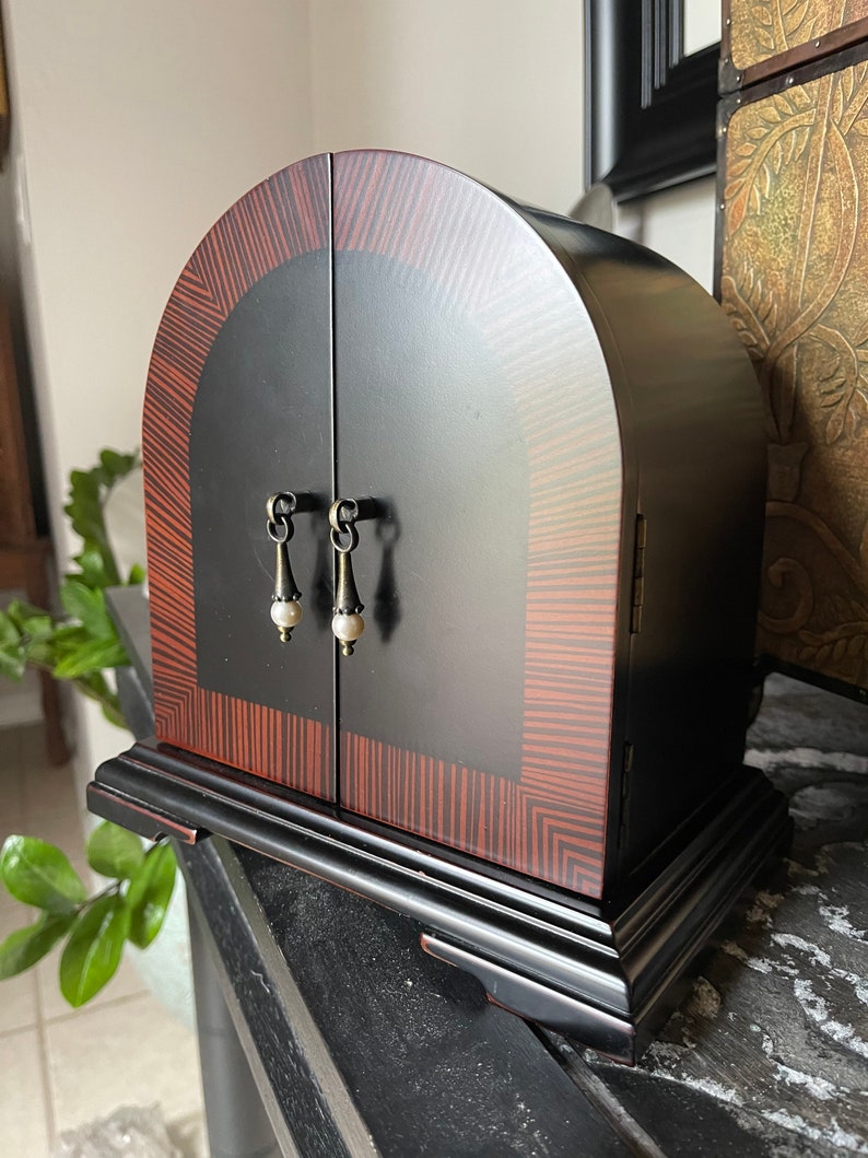 Striking Paris Chic Wood Jewelry Chest With Pearl Drop Hardware, Old World Vintage