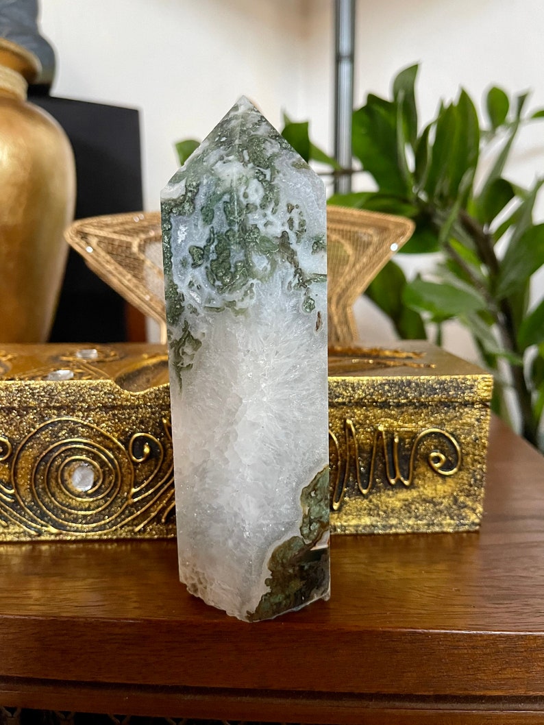 Beautiful Patterns Moss Agate Tower, Crystal Magic