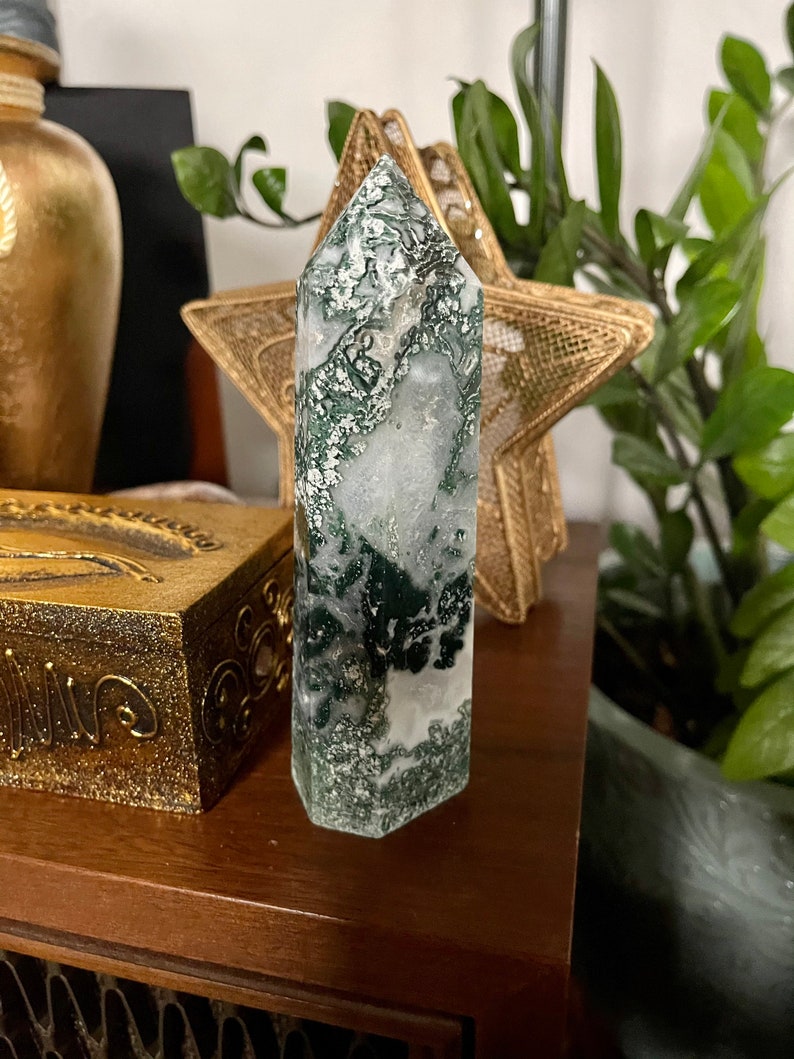 Moss Agate Tower, Natural Moss Agate, Crystal Magic