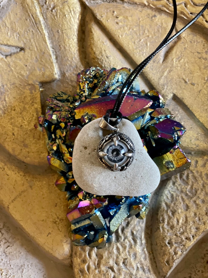 One of a Kind Local Hag Stone Amulet with Vintage Dragon's Eye, Bodhi Jewelry